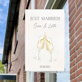 Just Married Raambord Champagneglazen – Gepersonaliseerd Huwelijksbord